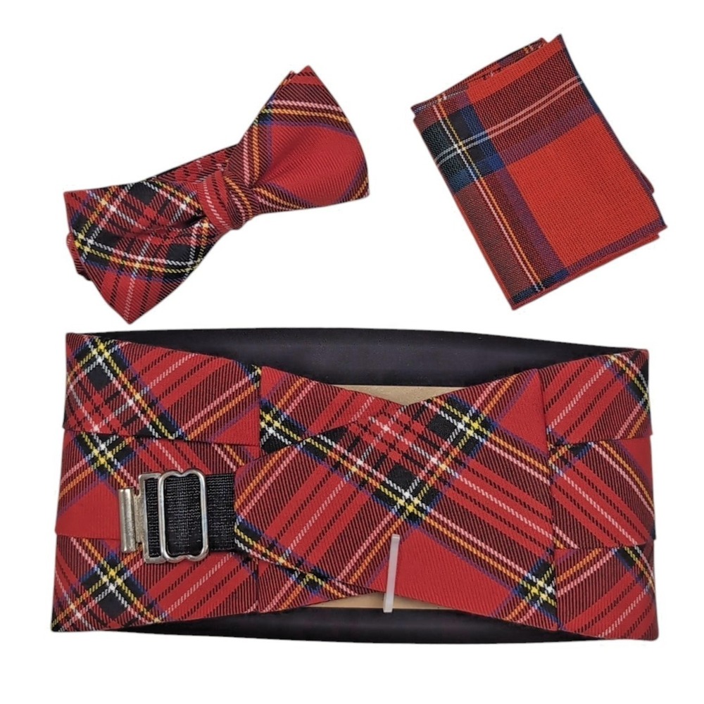 VTG Mens Bow Tie Pocket Square Cummerbund Set Tartan Red MCM Formal NEW Box